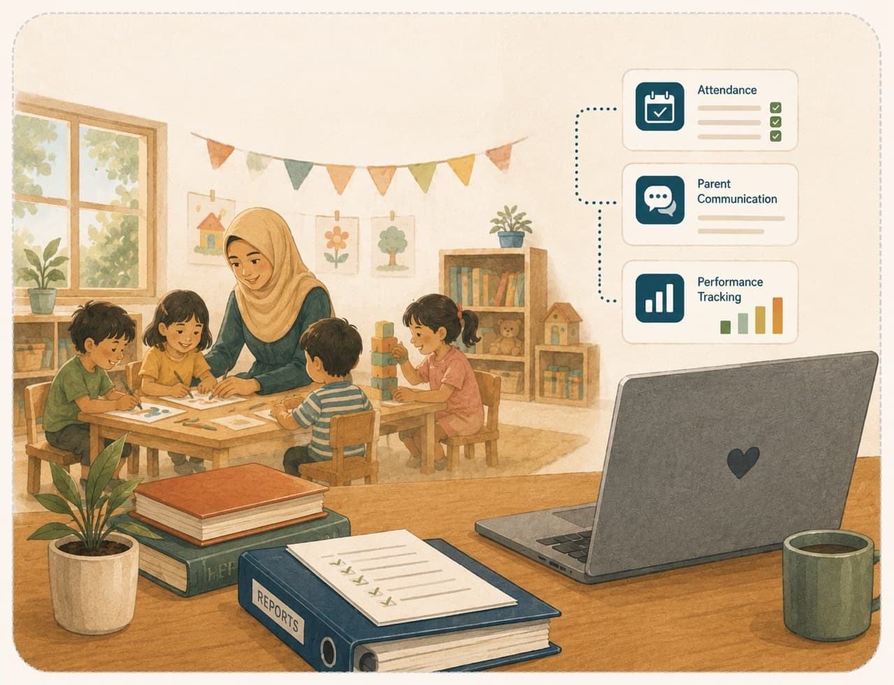 A teacher helping children with an activity, with attendance, parent communication, and performance tracking shown alongside